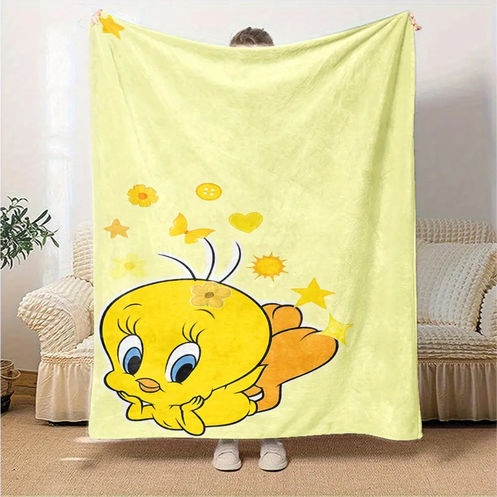 1-Piece Little Yellow Duck Flannel Throw Blanket - Soft, Wrinkle-Resistant, Durable, Breathable Polyester, Glam Heart-Star Print, Multi-Size, All-Season, Travel-Friendly, Machine-Washable, Ideal for Bed/Camping, Birthday Gift for Fans