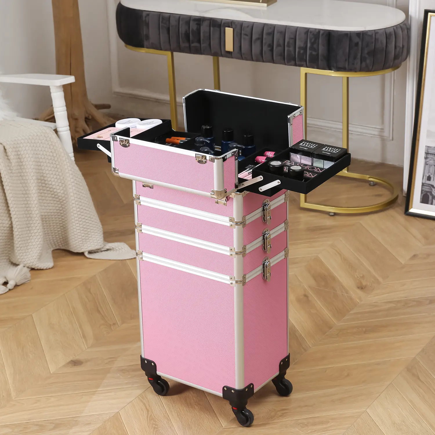 Compact 4-in-1 Aluminum Pink Makeup Case with Wheels - Detachable Rolling Organized Storage Box, Multiple Compartments, Professional Beauty Trolley for Makeup Artists to Carry Supplies (Salon/Travel Use)