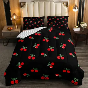 Red Cherry Bedding Set,Fruit Kawaii Comforter Set,Cute Cherry Cartoon Quilted Duvet,Bedroom Decor Reversible Luxury Cherry Quilted Comforter