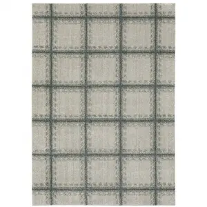 212 MAIN 8x11 ft. Gray Teal & Beige Geometric Power Loom Stain Resistant Low Pile Rectangular Area Rug, Geometric Grid, Transitional Look, Indoor Use, Low Pile Rug, Stain Resistant Rug