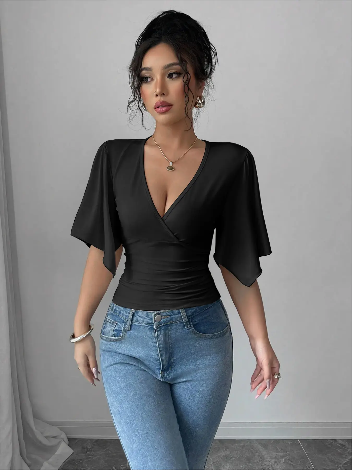 Elegant casual plain Basic wavy neckline large sleeves women's T-shirt Lady Casual Everyday Wear