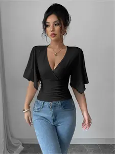 Elegant casual plain Basic wavy neckline large sleeves women's T-shirt