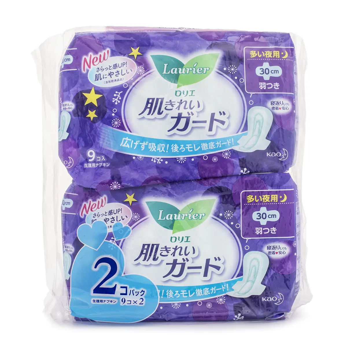 Kao Laurier Thin Leakproof Breathable High Volume Overnight Multi-Wing Sanitary Napkin, 30cm Disposable Pads Overnight, 9pcs x 2 Bags Set