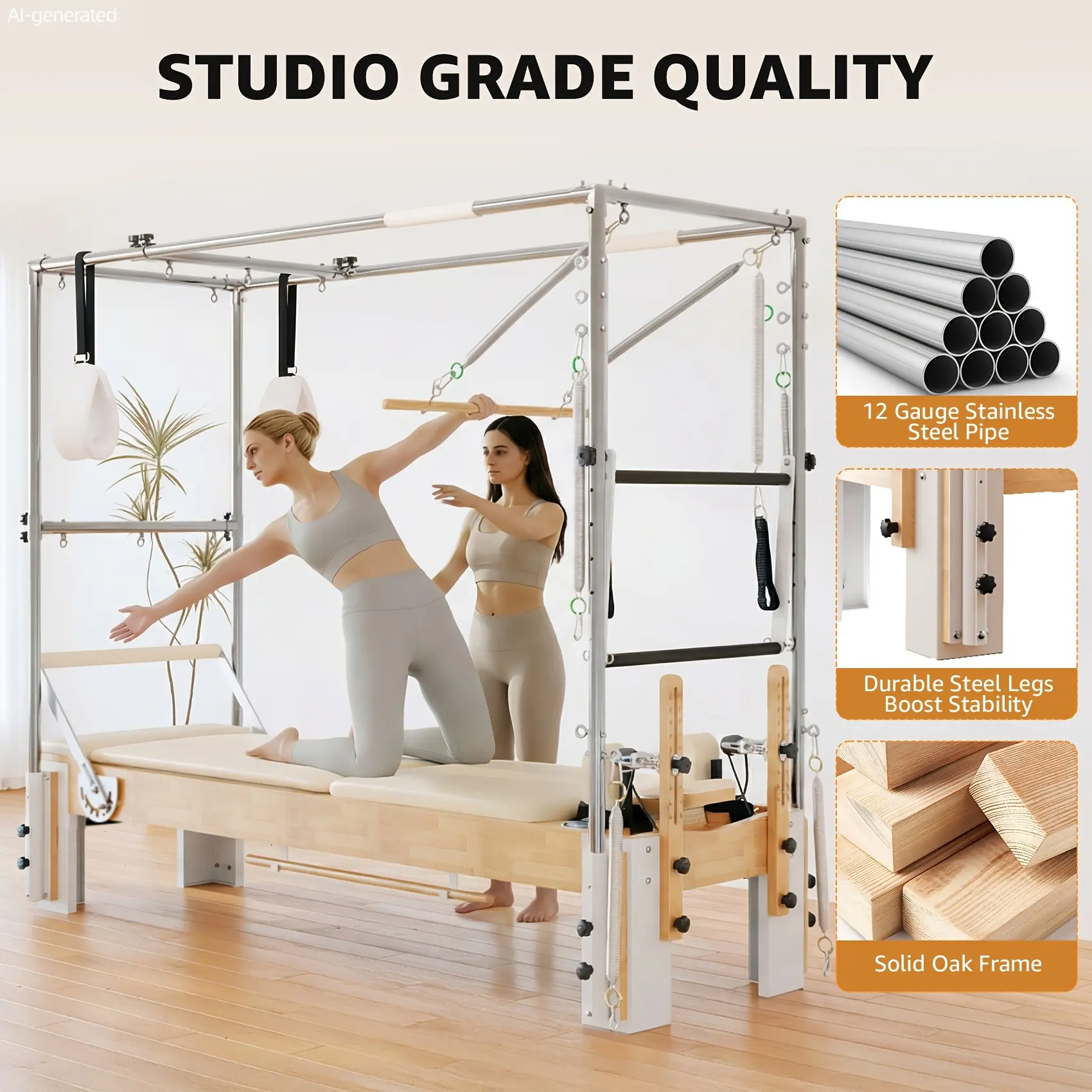 3-in-1 Pilates Reformer, Solid Wood for Cadillac Trapeze Table for Home Studio, 800lb Capacity Professional Machine with Jump Board, Sitting Box & Complete Accessories