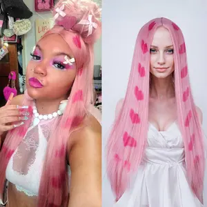 Sweet Heart Pink 28inch Long Synthetic Wig with Natural Hairline for Women Girls Fashion Party Daily Wear Soft Tangle-Free Fiber Gift Adorable Feminine Design