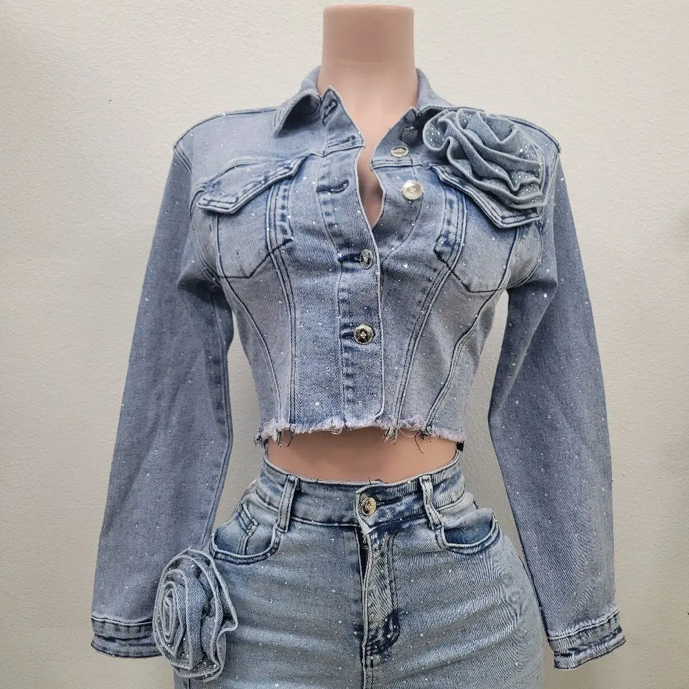 Womenswear Denim Blue Jacket Adorned with Rhinestones and Rose