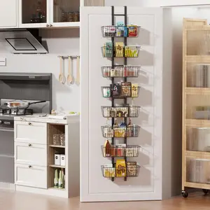 8-Tier Adjustable Heavy Duty Over the Door Hanging Storage Organizer with Baskets, Black Metal Door Mount Rack for Pantry, Kitchen, Spices and Laundry Room