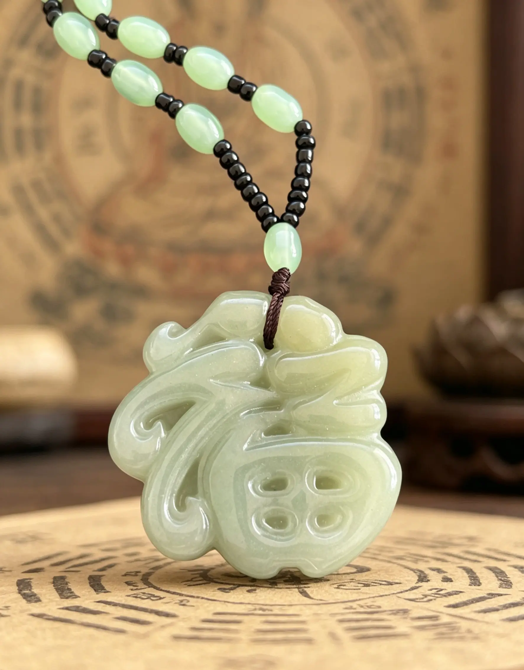 Natural green jadeite "Fu" character pendant necklace, bringing positive energy and harmony
