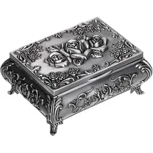Vintage Metal Jewelry Box Small Trinket Jewelry Storage box For Rings Earrings Necklace Treasure Chest Organizer Antique jewelry Keepsake gift Box Case for Girl Women (Small)