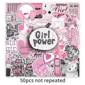 50pcs of sweet and cool creative stickers in a girly pink style, suitable for scrapbooks, diaries, laptops, water bottles, cars, and other items. These stickers feature designs based on beliefs and convey positive messages, gifts. Car Decorative Sticker