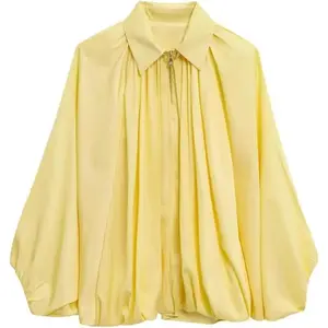Women's Puffed Bomber Jacket Oversized Lapel Collar Streetwear Coat Long Casual Batwing Sleeve Zip Pleated Shirts