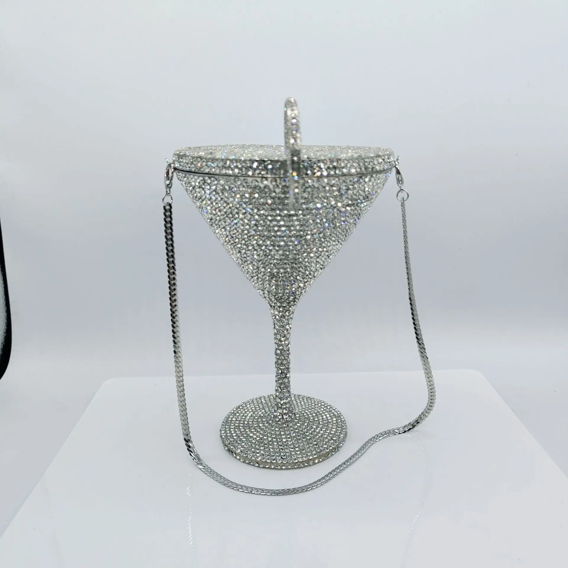 Women's Diamond-Encrusted Cocktail Goblet Hand Bag, Custom-Shaped Crystal-Adorned Metal-Toned Dazzle Hand Bag for Dinner Occasions, Custom-Shaped Women's Handbags, Crystal-Adorned Women's Handbags