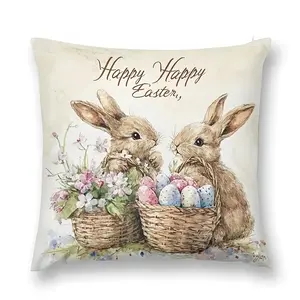 1pc, Charming Easter Bunny Throw Pillow Covers, "Happy Easter" Design with Seasonal Theme, Adorable Rabbits & Decorative Eggs, Suitable Spring Perfect for Sofa & Bed Home Decor, Single Sided Printing, No Pillow Core