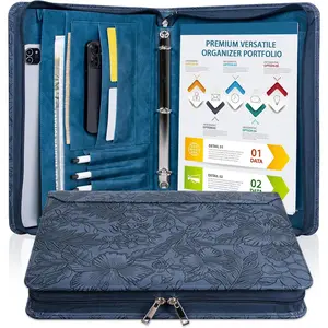 Dark Blue Embossed Vegan Leather Portfolio for Women, 3 Ring Zipper Portfolio Binder, A4 Planner Binder with Laptop Pocket, Legal Size Padfolio Work Binder Organizer for Women