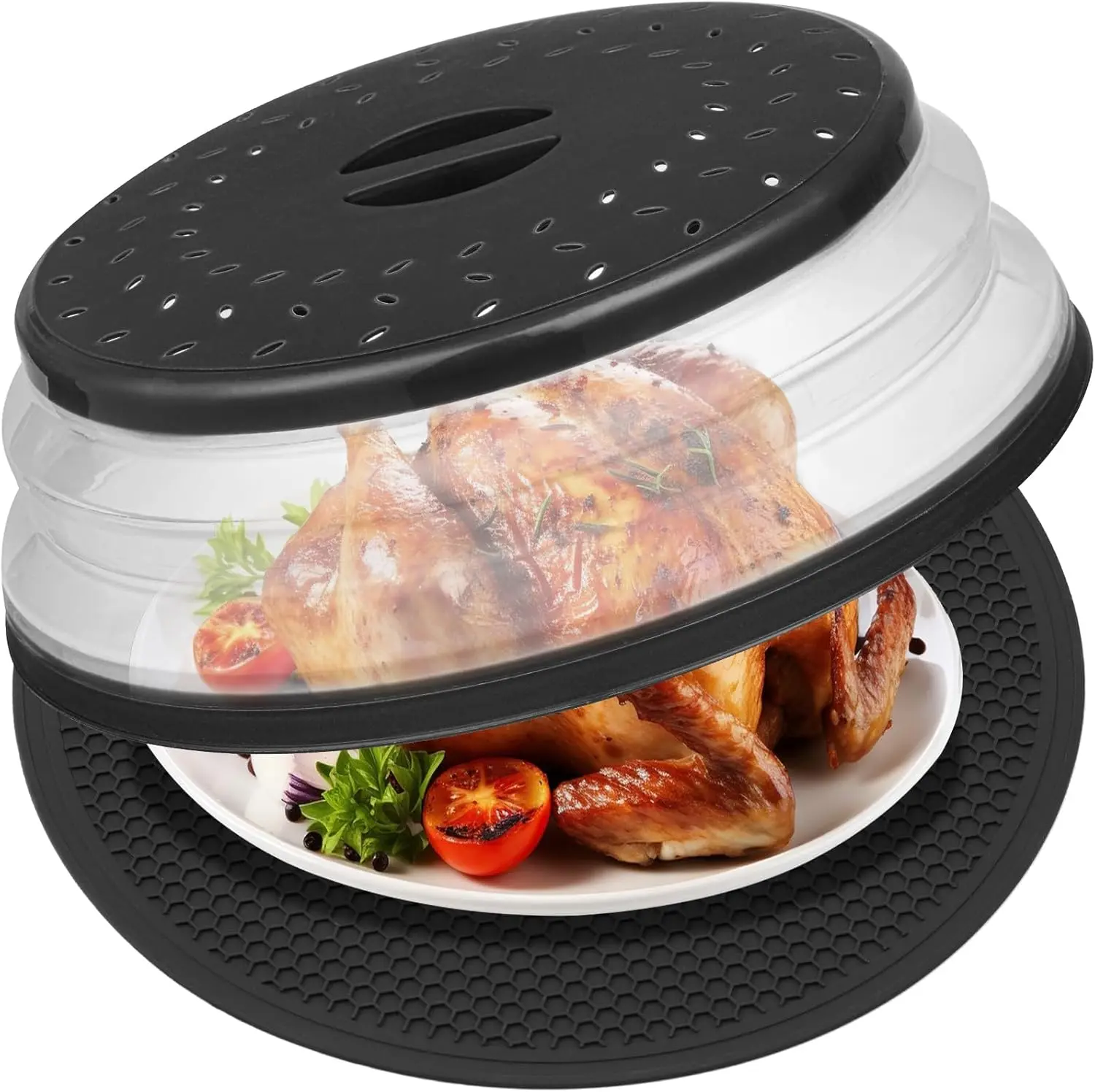 12 Inch Microwave Food Cover & Silicone Mat, Large Vented Collapsible Splatter Guard Plate Lid for Kitchen Heating & Serving