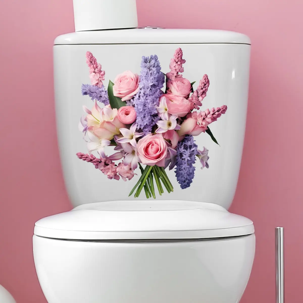 A 2D flat simulated pink-purple floral spring and summer toilet sticker for bathroom and toilet artistic decoration, size 30*30cm, M10161, Bathroom Decorations