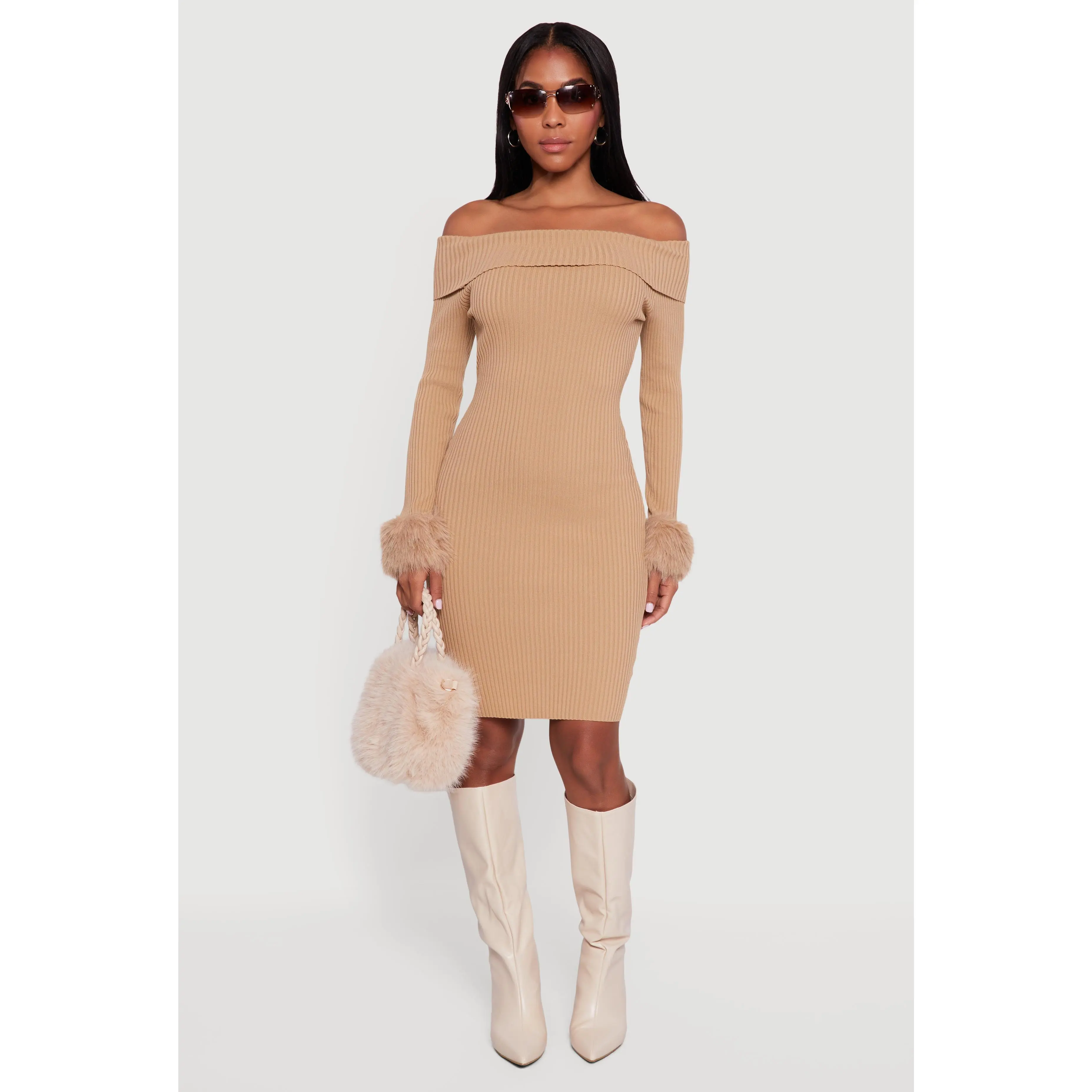 Faux Fur Cuff Fold Over Off the Shoulder Sweater Dress