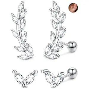 【Classic】Fansilver 2 Pairs Cartilage CZ Stud Earrings for Women Leaf Star Climber Earrings 20G Helix Conch Cartilage Piercing Jewelry Set for Sensitive Ears