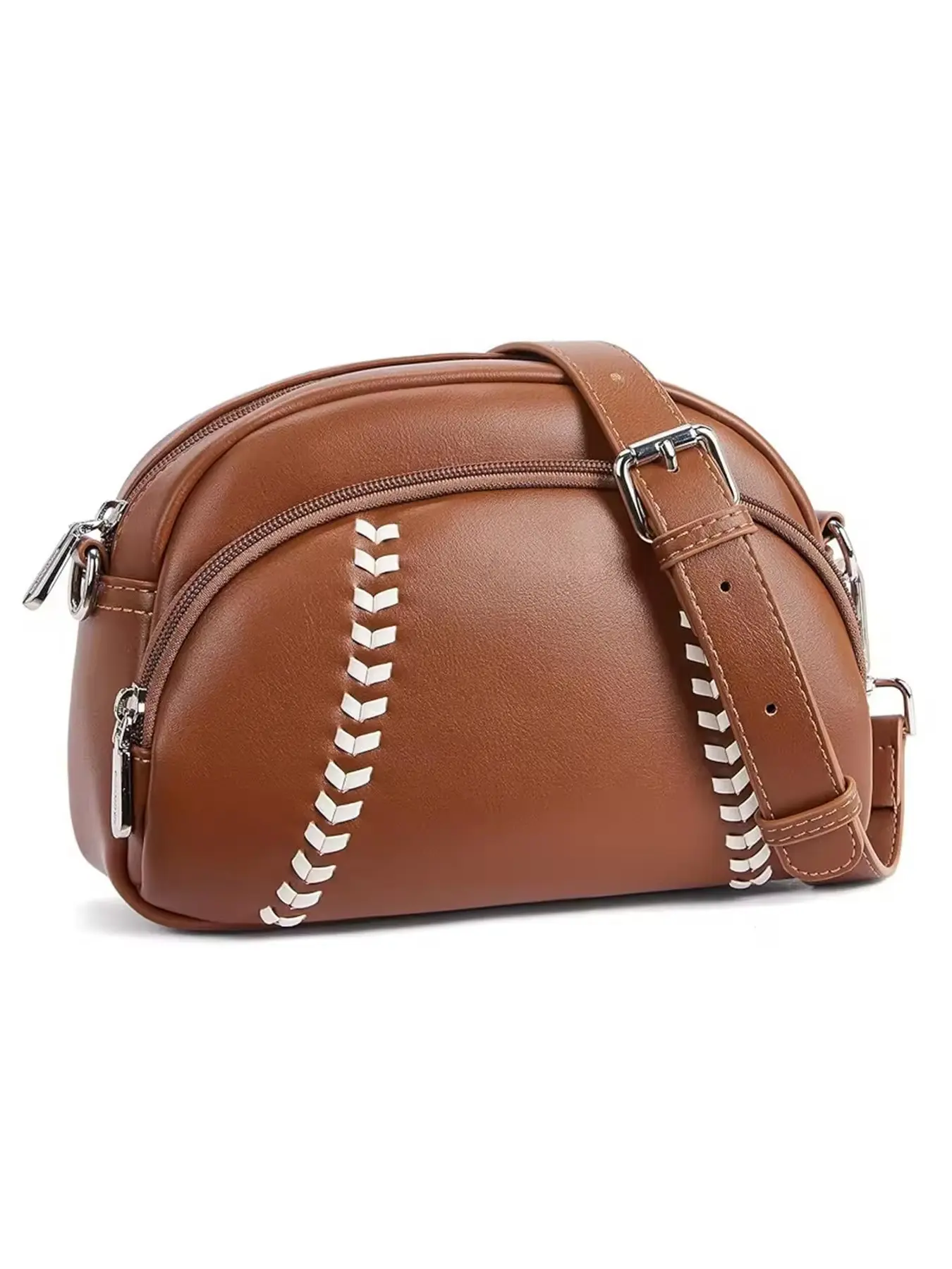 Daily casual semi-circular bag with white baseball stitching decoration, retro sports style single shoulder crossbody bag, Casual crossbody bags, fits mobile phones and watches, suitable for commuting, shopping, sports