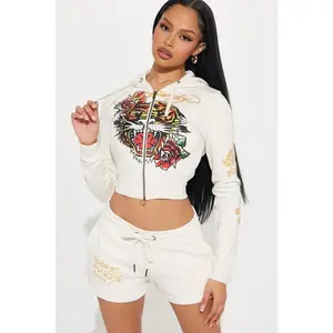 Ed Hardy Tiger Head Zip Front Hoodie - Ivory O