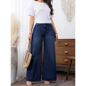 【 Plus Size 】 Solid color wide leg elastic jeans, casual and comfortable denim pants, all season women's underwearRAIMENTRY