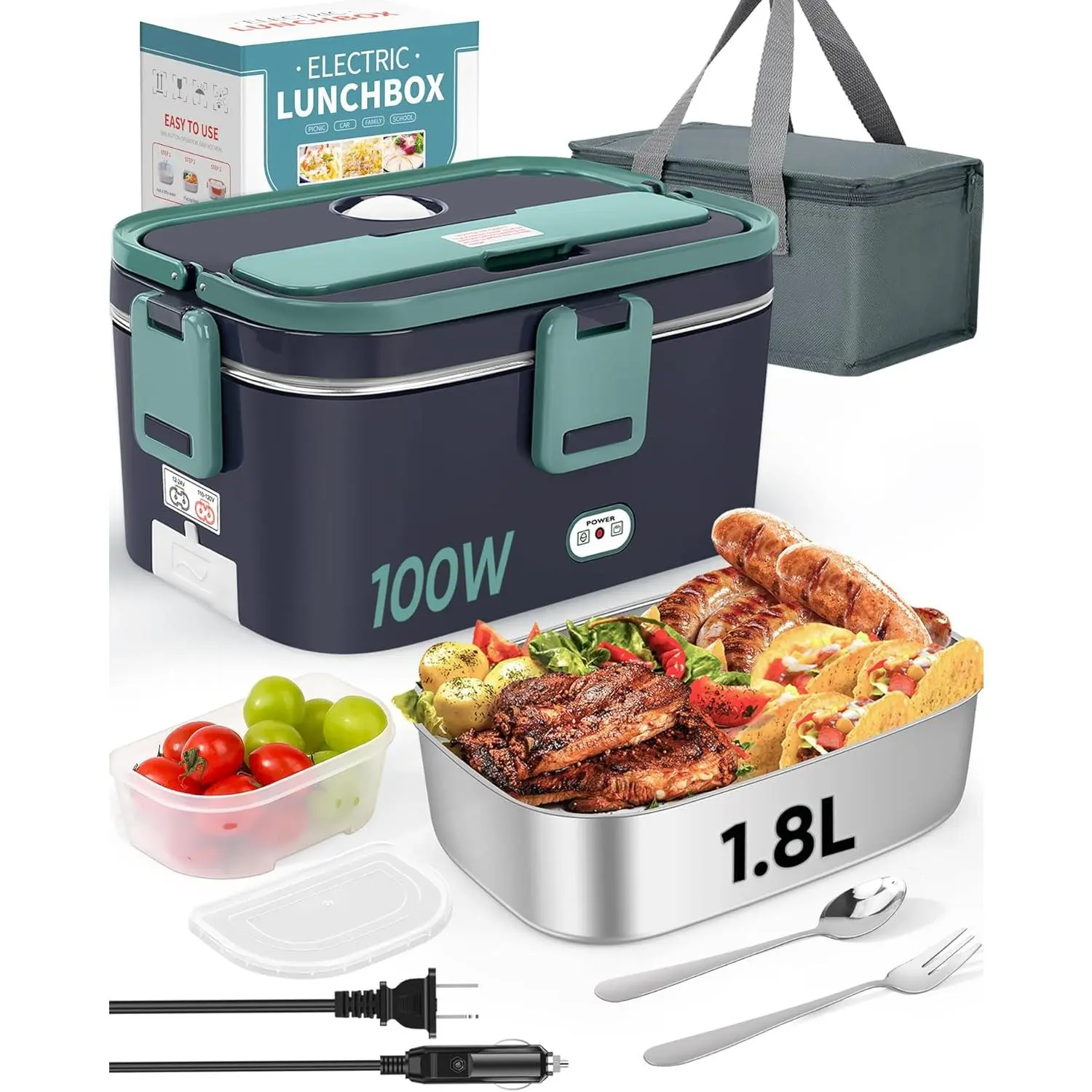 Portable Electric Heated Insulated Lunch Box Warmer - 100W 1.8L Stainless Steel Container with Detachable Plastic Lid, Fork, Spoon, Plug for Work (12/24/110V) - Ideal for Husband, Father, Mother’s Day Gift, Thermal Lunch Box