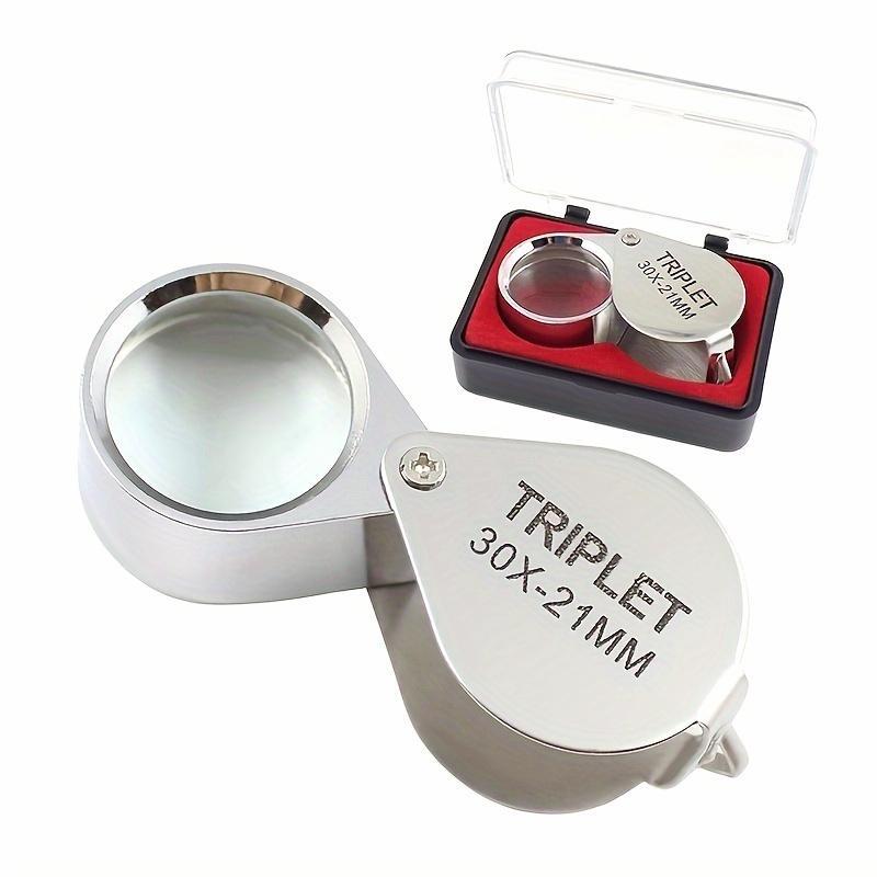 30X Triplet Magnifier - Compact, Collapsible All-Metal Construction with PMMA Lenses for Identifying Jewelry, Coins, Stamps, And Assisting Vision - No Batteries Required, Comes with a Protective Case