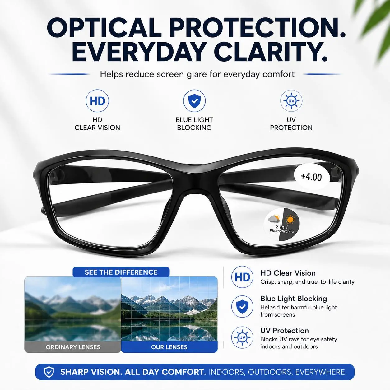 Bifocal Photochromic Reading Glasses for Men and Women, Dual Zone Readers, Lightweight Eyeglasses for Reading and Outdoor Use