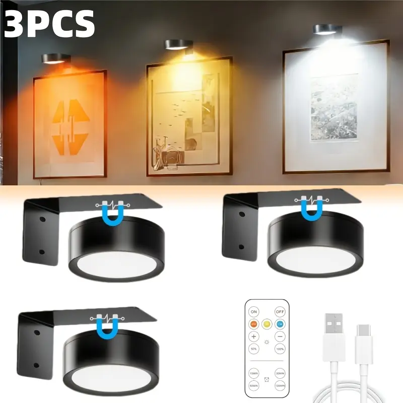 3/6/9 Pieces Of Art Display Lights, Decorative Lights, 3-color Magnetic Wall LED Lights, With Remote Control, USB Rechargeable, Adjustable Brightness, Battery-powered, Suitable For Jewelry, Photo Frames, Bookcases, Wine Cabinets, Wardrobes.