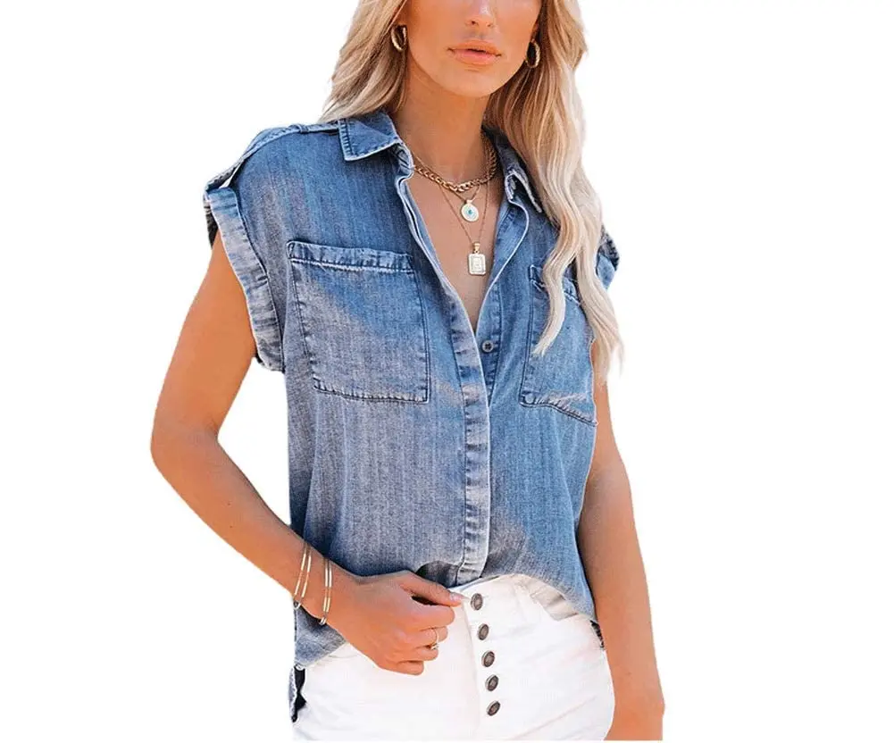 utcoco Women's Chic Basic Denim Top, Comfy Vintage Sleeveless Button Front Design with Patched Pockets and Shoulder Straps, Cuffed, Blouse, Tops, Light, Skirts, Fabric, Casual, Lady, Cotton, Short Sleeve, Straight, Shirt