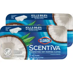Scentiva Disinfecting Wet Mop Pad, Disposable Mop Heads, Coconut and Waterlily, 2 Packs, 24 Wet Refills Per Pack (Package May Vary)