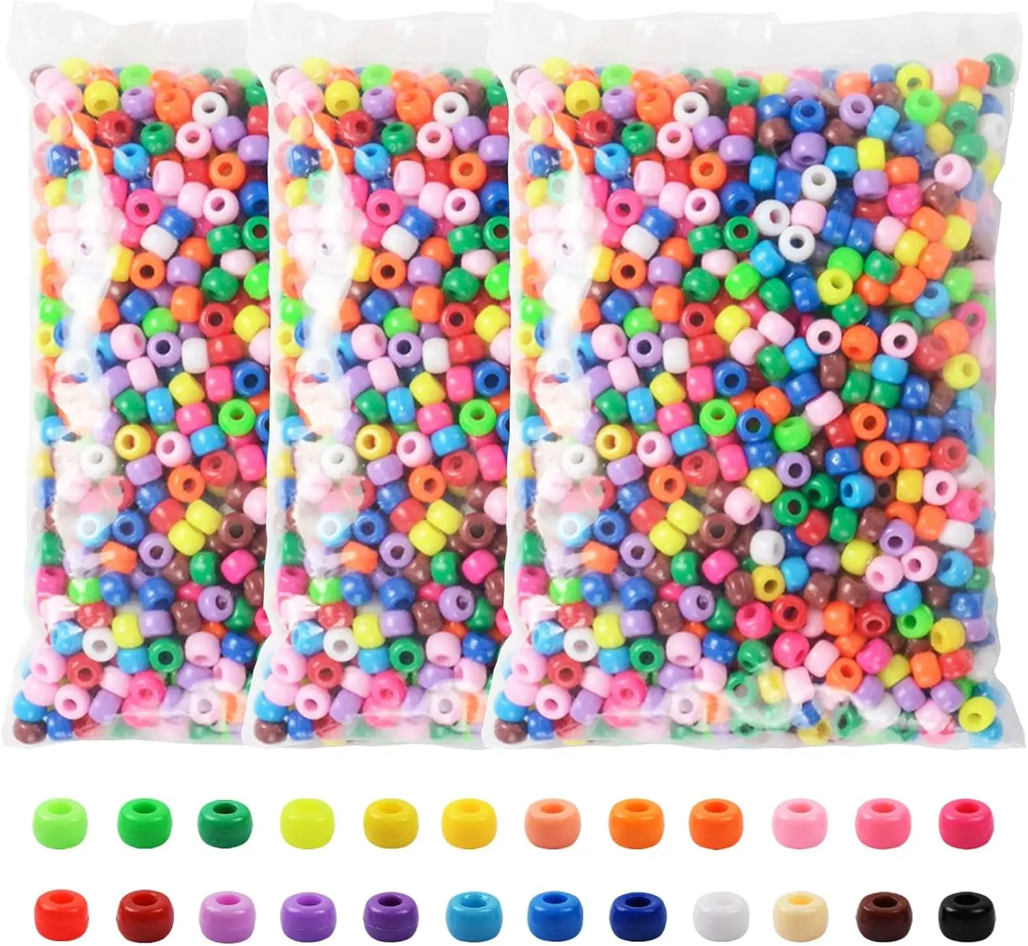 Pony Beads 3600 count 6x9mm Multi-Colored Plastic Craft Beads Set, Bulk Rainbow Hair Beads 24 Assorted Colors for DIY Crafting  Making Kandi Bracelets