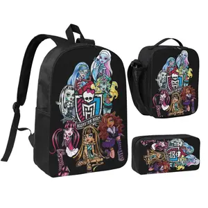 3pcs Monster high Backpack Set for Girls & Boys Monster high doll Laptop School Bag with Insulated Lunch Bag & Pencil Pouch Popular Monster high dolls Daypack for Teens, Students & Office Workers