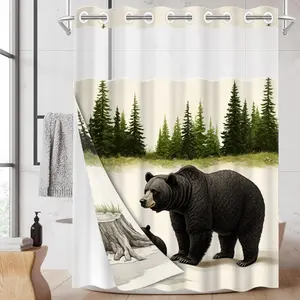1pc hookless shower curtain with buckle lining, featuring black and brown bear mother and cub design with tree stump, 2D flat printing, waterproof fabric lining, see-through double-layer, 71 x 74 inches, Shower Curtain Liner