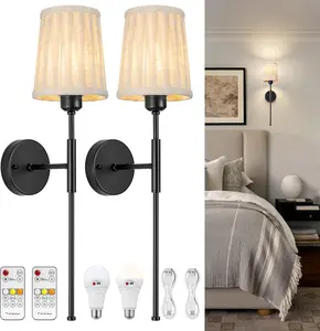 Battery Operated Wall Sconce, Wall Sconces Battery Operated, Wireless Wall Sconces Set of Two, Rechargeable Wall Sconce, No Wiring Wall Lamp/Light Set of 2 with Removable Tail Poles, Linen