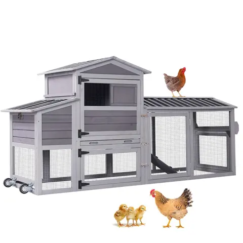 Aivituvin AIR61 Mobile Wooden Chicken Cage - Outdoor Poultry Hutch with 1/2"x1/2" Predator-Safe Wire, Wood Frame, Waterproof Lid, Carry Handle, Pull-Out Waste Tray, Rolls, 2-Section Nesting Box, 18.47ft² Inner Space for 2-3 Chickens/Ducks