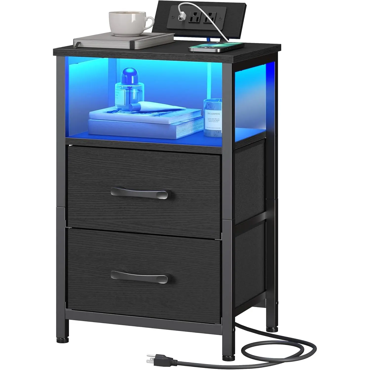 Nightstand with  Station, Bedside Table with LED Lights and 2 Fabric Drawers, End Table with 2 AC Outlets and USB Port, Small Night Stand for Bedroom, Black BB118UDBZ01