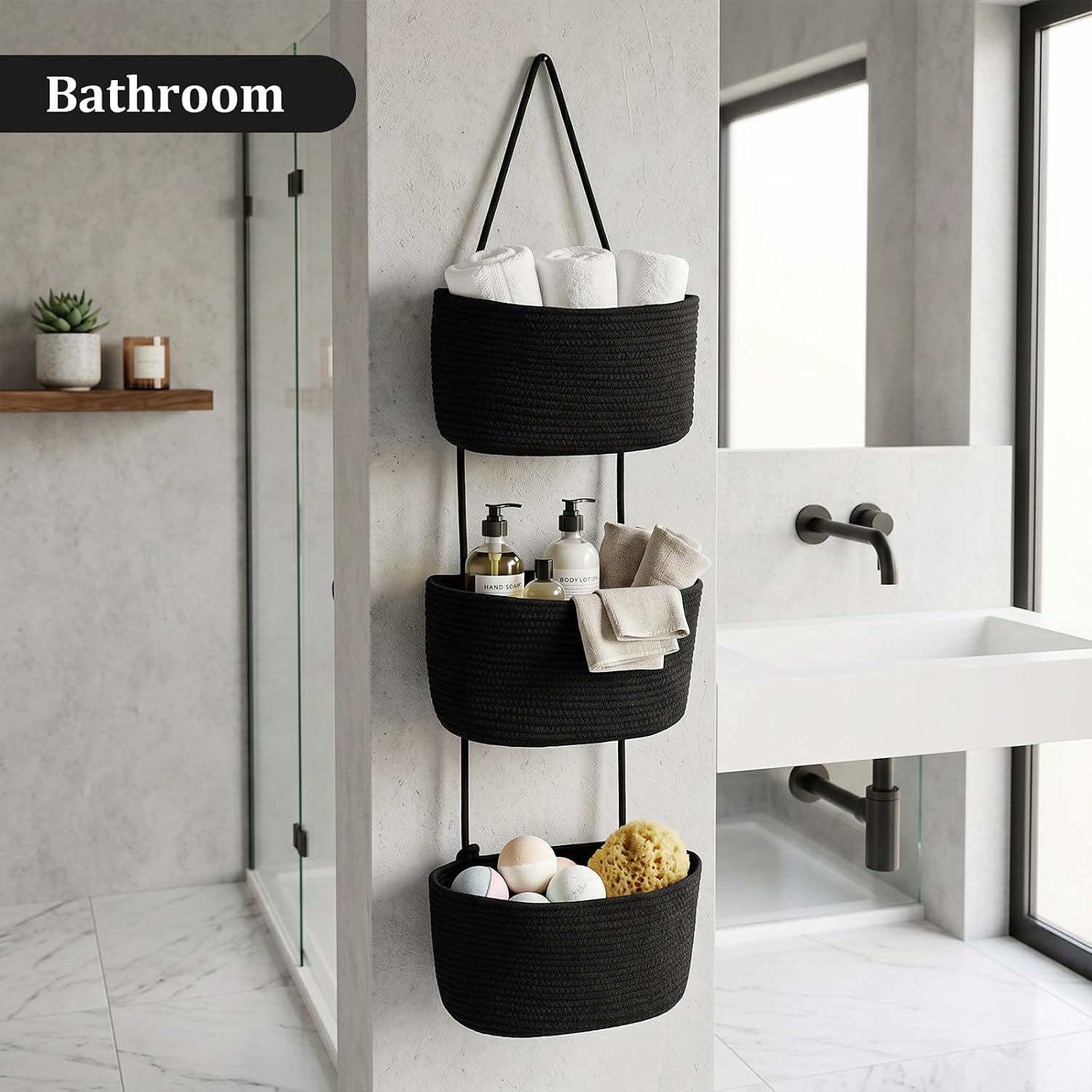 14in 3-Tier Woven Cotton Over-The-Door Hanging Basket Organizer with Handles, Multifunctional Storage for Bathroom Beauty Essentials, Closet Organization, Room Storage