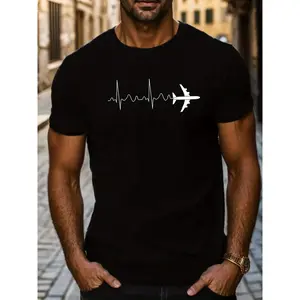 Men's Classic Regular Fit Short-Sleeve Crew Neck Cotton Stretch Fabric T-Shirt Top - Breathable, Sweat-Wicking Aviation Lovers' Menswear for Outdoor Casual Wear, Layer & Coat Matching Essential with Airplane & Electrocardiogram Print