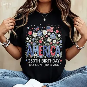 Floral America 250th Birthday July 4 1776 July 4 2026 Print T Shirt White Casual Loose Fit Top For Everyday Wear And Outdoor Activities