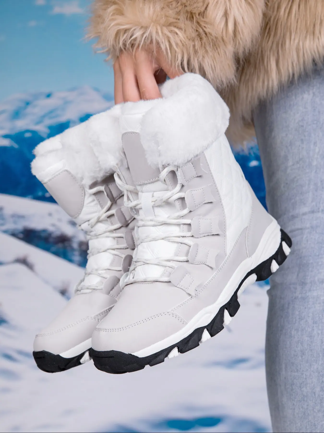 Women's High-Quality Winter Outdoor Snow Boots, Waterproof Walking Comfortable Mid-Calf Warm Fuzzy Hiking Shoes, Trekking Camping Shoes for Daily Wear