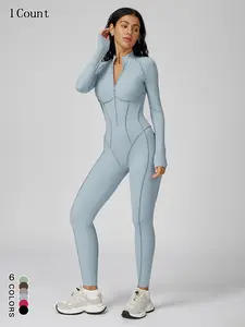 Women's Zipper Mock Neck Shapewear Jumpsuit, Slim Fit Workout Jumpsuit with High Stretch Design, Casual Sporty Clothing for Women, Sportswear Jumpsuits