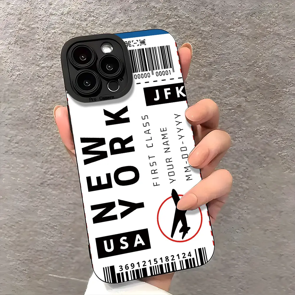 New York City Flight Ticket Design Smartphone Case - Stylish Durable TPU Casing for Handheld Cellphone Devices, Compatible with iPhone 11/12/13/14/15/16 Pro/Plus/Pro Max