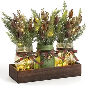 3 Pcs Mason Jar Centerpiece Decorations for Christmas Table Decor Farmhouse Coffee Table Decor Christmas Kitchen and Room Decor,Green