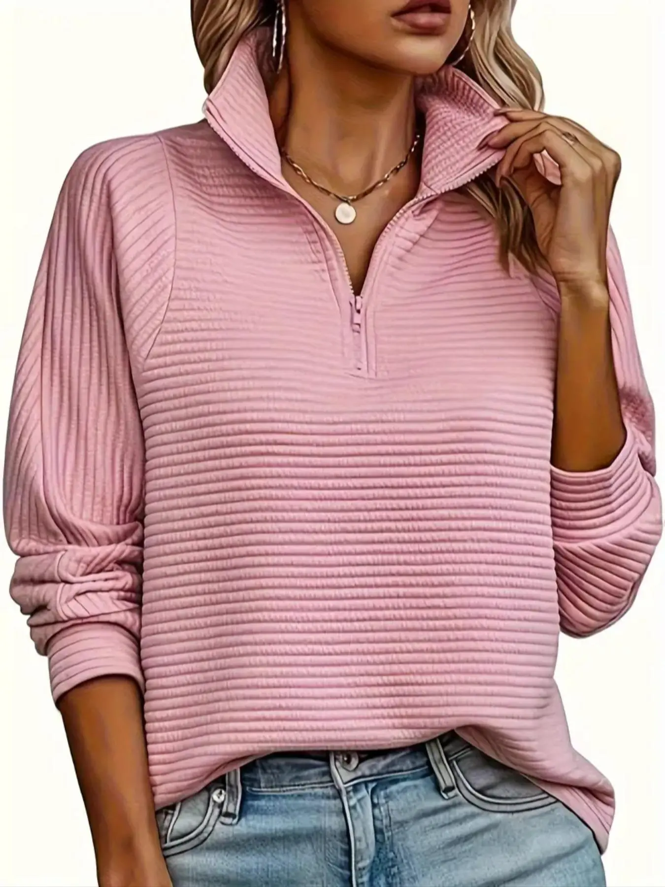Women's Plain Half Zip Polo Sweatshirt With Zipper, Casual Style Long Sleeve Pullover for Spring & Fall, Fashion Women's Top for Daily Wear, Womenswear