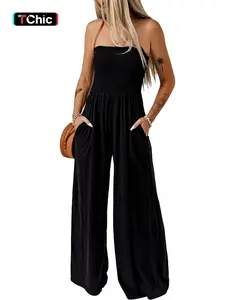 Women's Solid Shirred Waist Fit Jumpsuit, Casual Pocket Sleeveless Jumpsuit for Daily Wear, Ladies Clothes for All Seasons