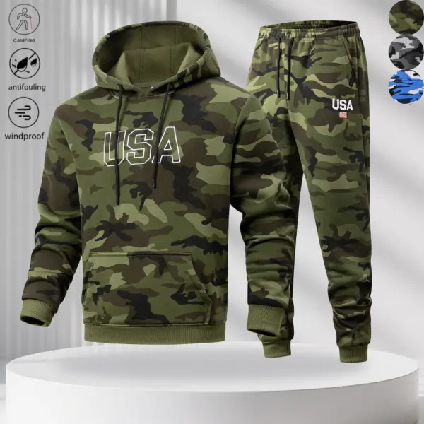 Men’s camouflage hooded sweatshirt and jogger pants two-piece set—a versatile basic casual outfit with matching embroidery on both top and bottom for a harmonious visual look. Kangaroo pocket and slant side pockets provide separate storage compartments. R