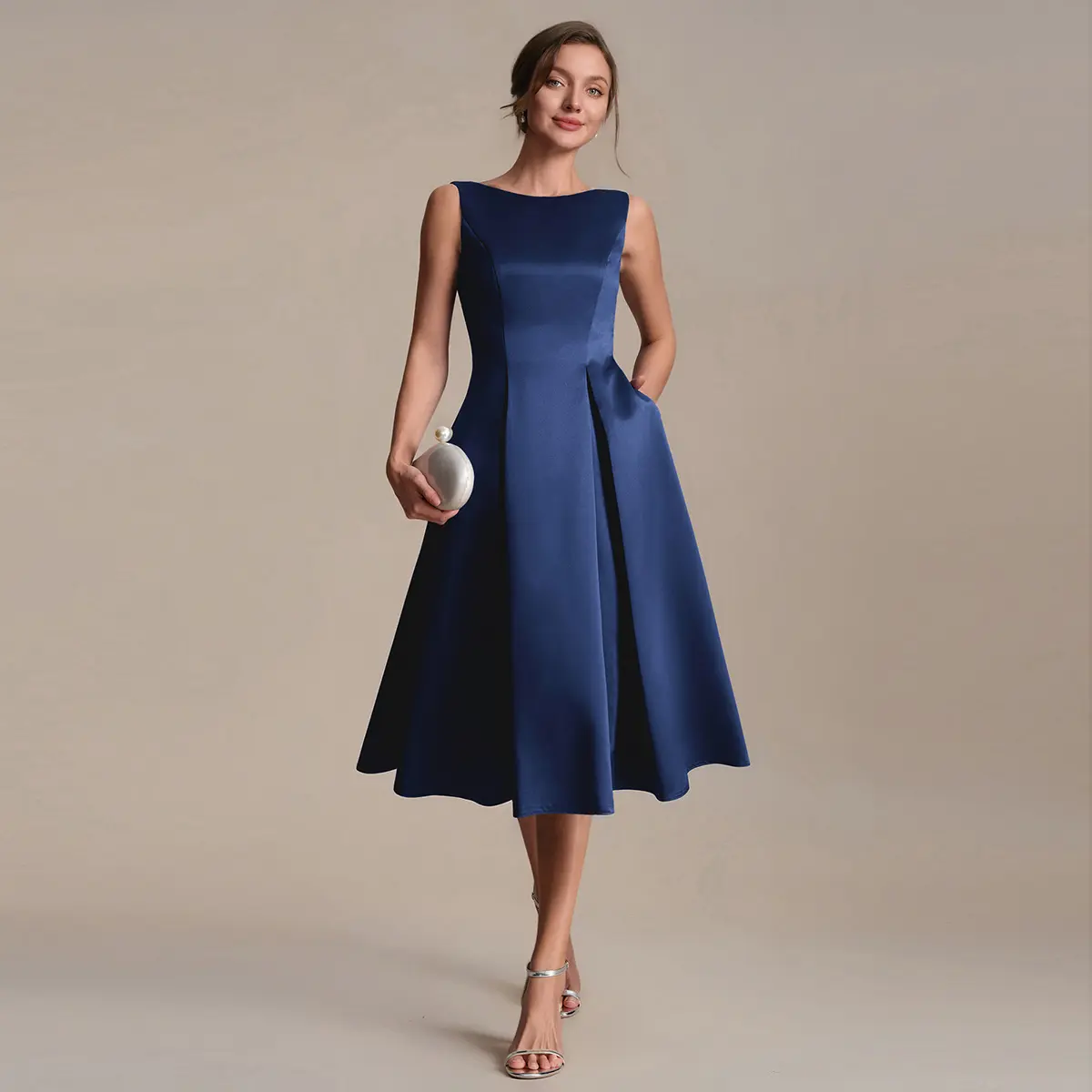 EVER PRETTY Women's Elegant Satin A-Line Dress, Chic Tea-Length Ball Gown with Boat Neck for Wedding Guest & Formal Wear, Wedding Guest Dresses, Cute Wedding Guest Dresses