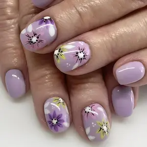24 Pieces Short Square Nail Set Purple Floral Theme for Quick Manicures