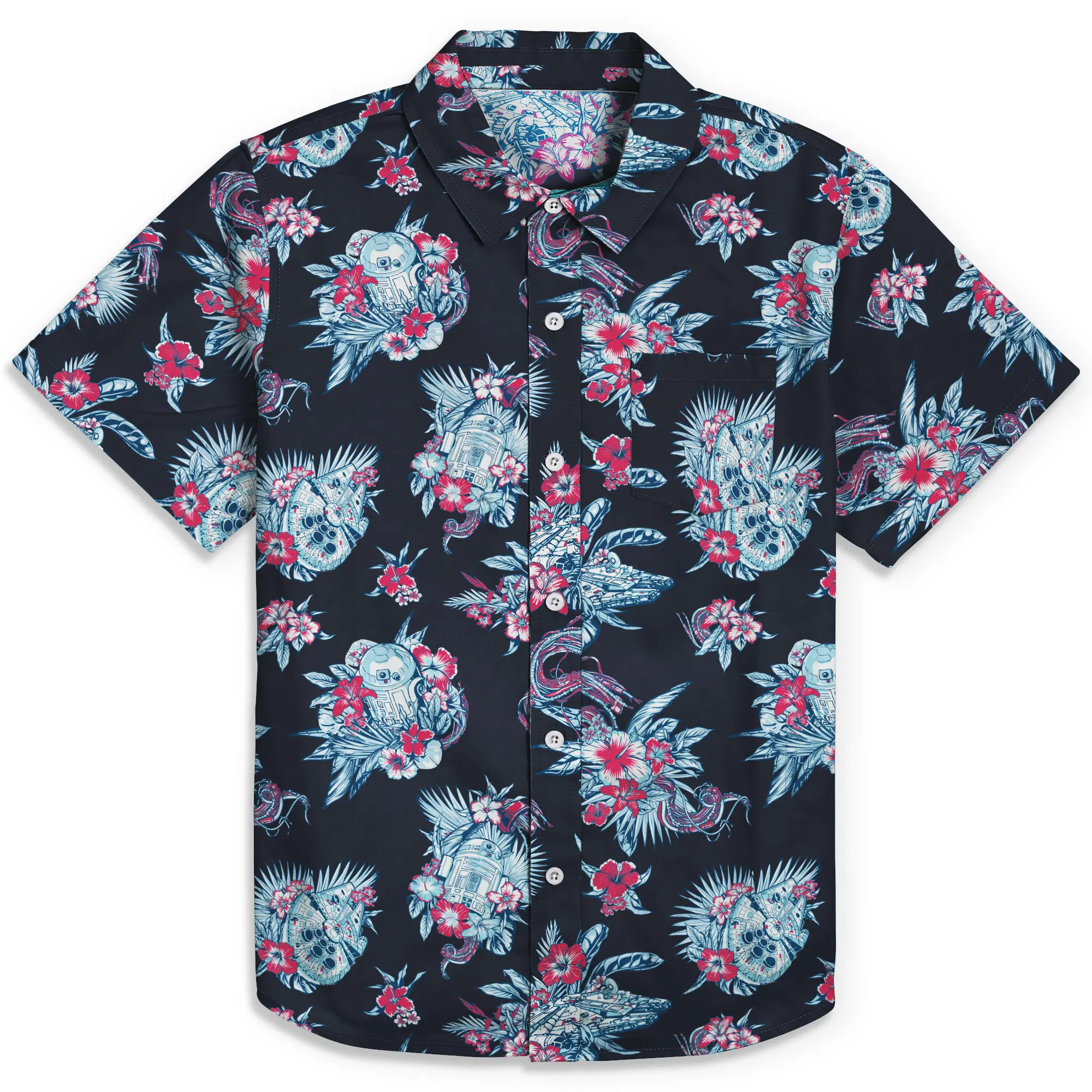 Menswear Star Wars A New Hope Cotton Button-Down Shirt - Short Sleeves, Crew Neck, Hawaiian Style, Casual Collared Top with R2-D2/Millennium Falcon Graphics, Button-Front Lets You Style It Open, Patch Pocket (Check Size Charts)